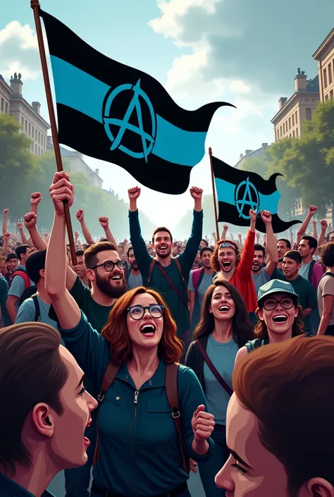 left wing protests with black and blue flags, diversity, happy people, protest on a cloudy day, blue and black anarchist flags
