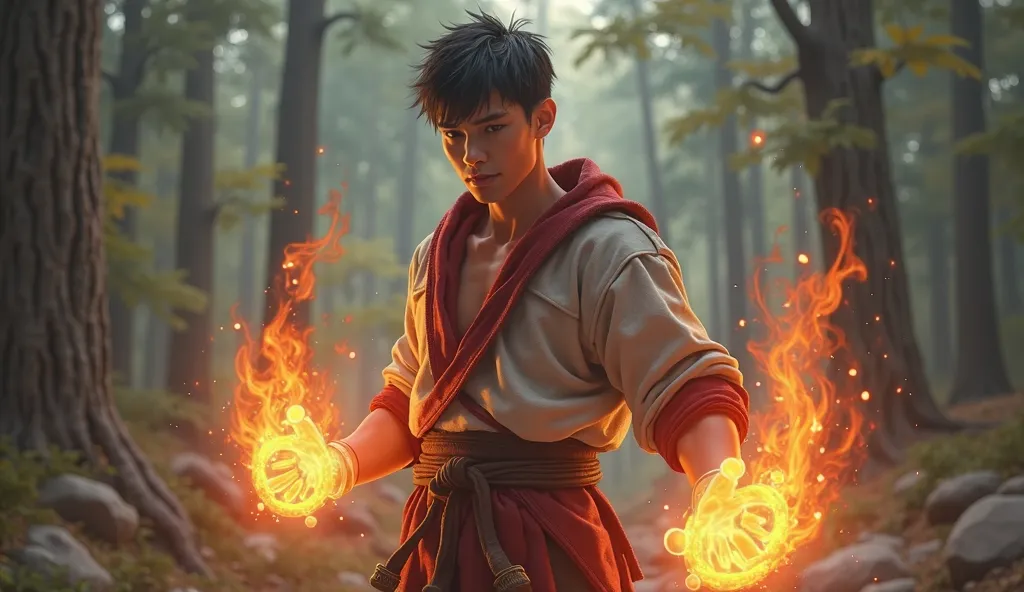 Create me a character,New AI, Young guy,very short hair,Brow's Charm, he looks like an mma fighter but his clothes should be bigger than the fantasy world.  , there is a forest behind him, he sits on the ground with his back against a tree, he is wearing b...