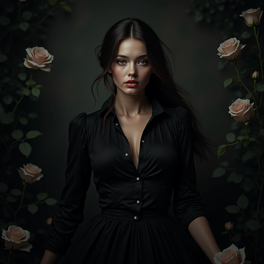 BEAUTIFUL WOMAN IN LUXURIOUS DARK CLOTHES AND DARK BACKGROUND WITH LIGHT ROSES 