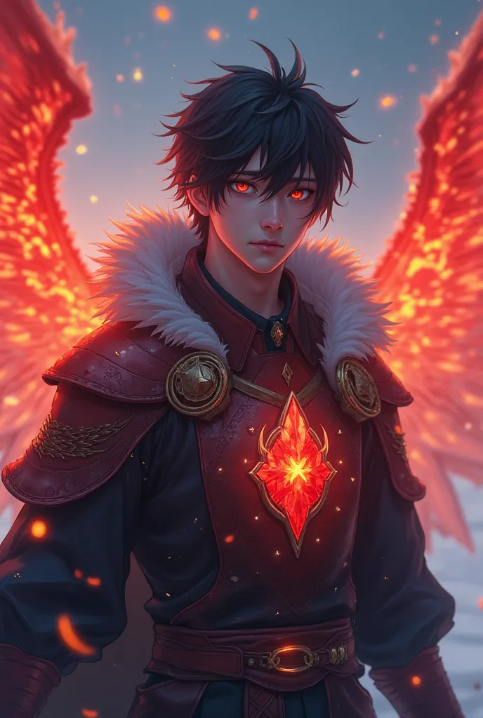 (highly Detailed) (realistic) Lucifer, Lord of VIP Hell, Lightbringer,  ruthless Expression on His face, but hidden, disguising as a male aged 15 in japanese school Uniform and Fire Crystal Armour adorned with glowing Fire Crystals and Winter coat with fad...