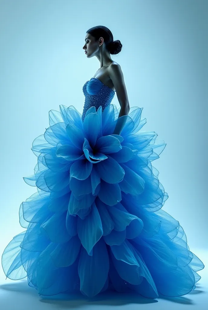 The elusive beauty, facial veil,Surrealism,wave textures,, the model's body is wrapped in ruffles in the shape of a hydrangea flower made of transparent huge blue organza petals, intricate pose,is coming,one-line sketch,elegantly, is intriguing ,thin waist...