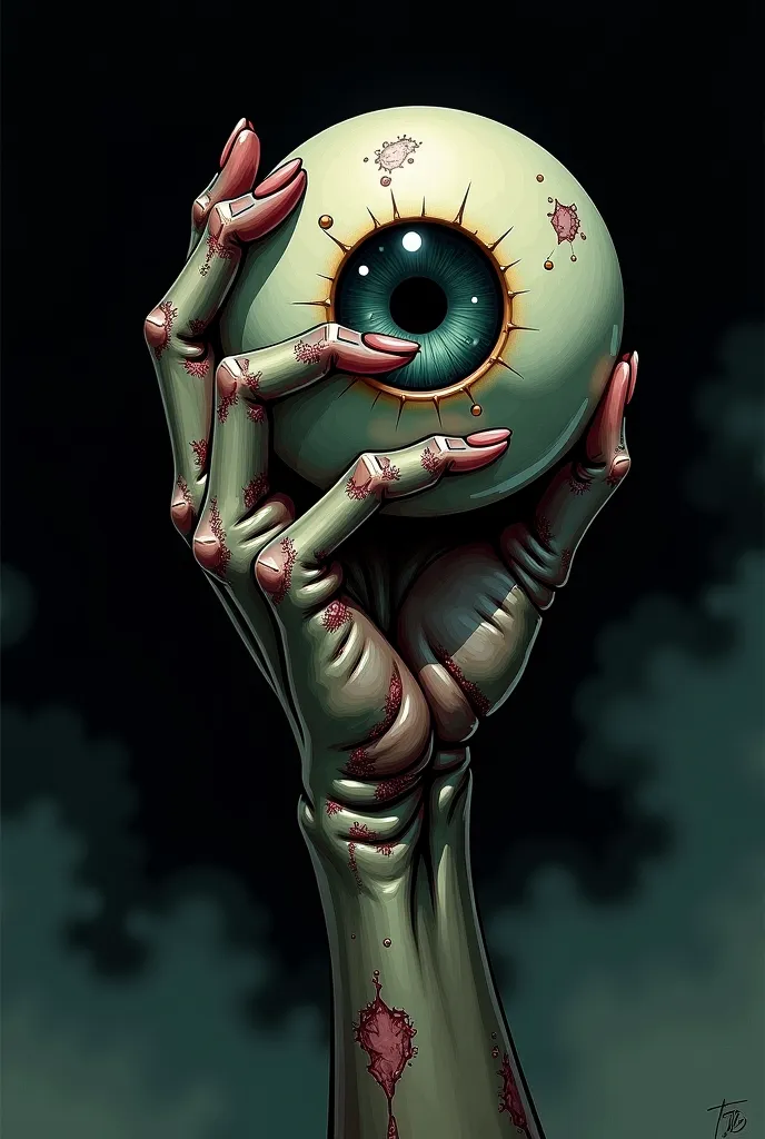 cartoon of a zombie hand holding an eye with a zombie hand, concept art inspired by Hiromu Arakawa, winner of the pixiv contest, concept art,