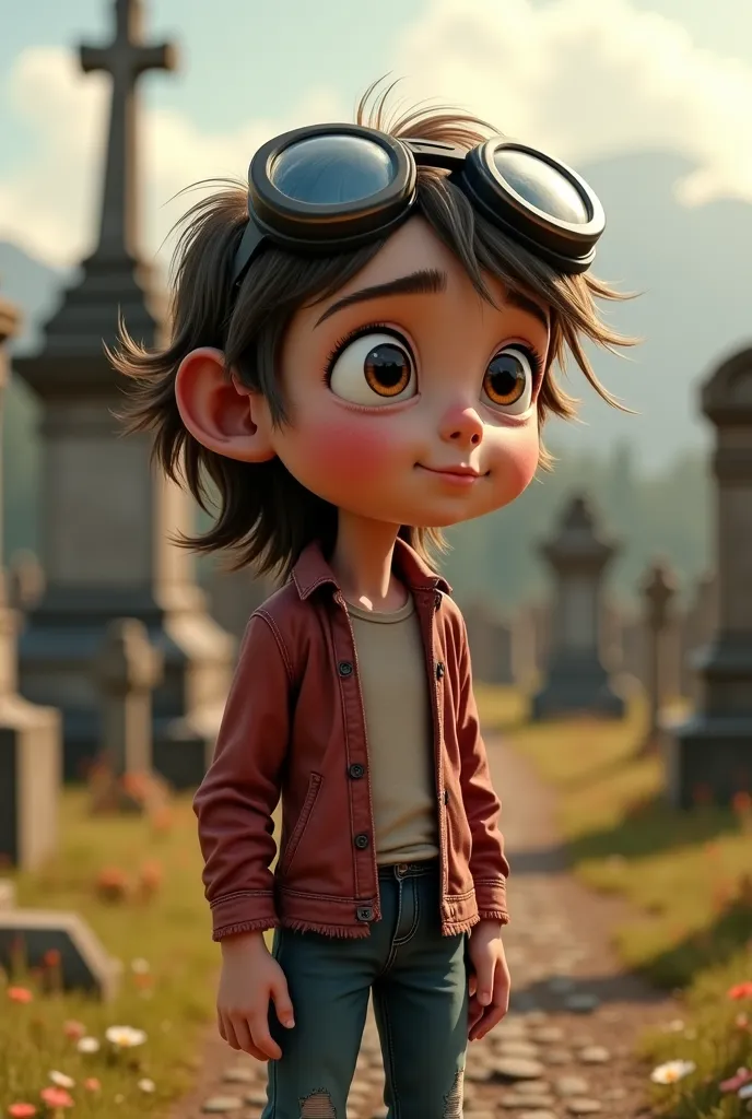 Jeune fille vagabond  de 10 ans, , vêtements  torn en lambeaux , Vêtements sales  , Holed  ,  torn , drunk , Decor in front of an old cemetery, Funny Pixar humor ,  full body  ,  goggle , disheveled hair , concerned  . Yeux marrons   full body   Pixar drôl...