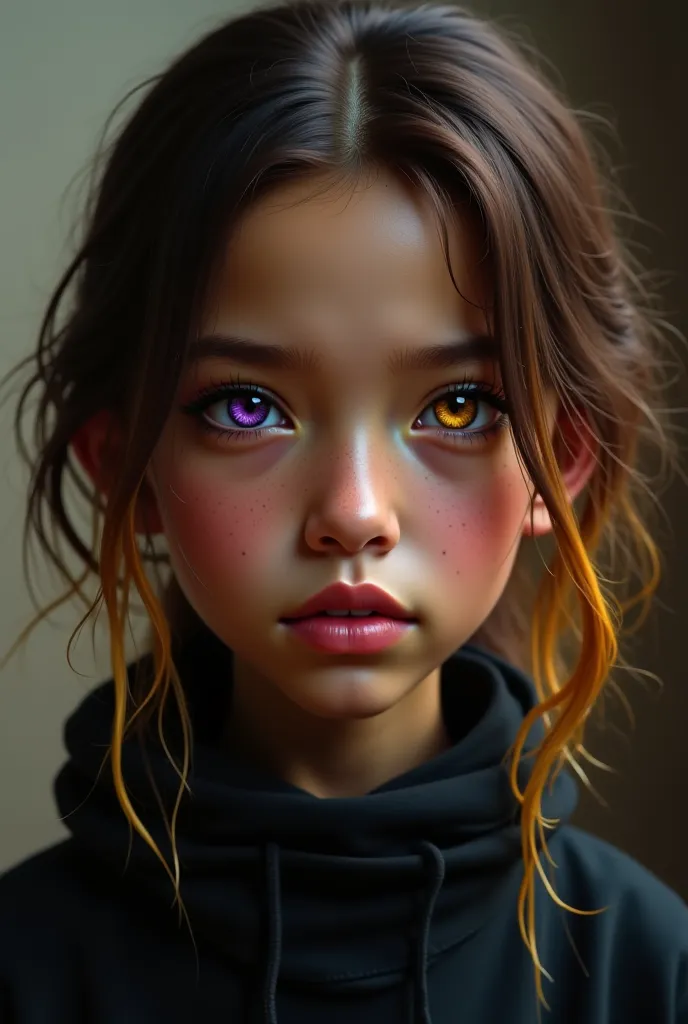 Make a character of medium height, blond hair with brown rays, the right eye purple, the golden left eye, light brown skin color