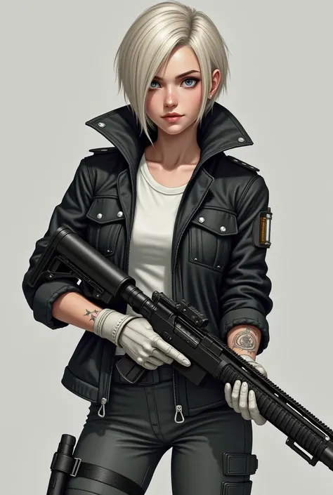 In the style of Resident Evil, a young woman with short platinum blonde hair with bangs on her right side covering her face a little,  light leather balcony, bluish gray eyes, with three stars tattooed on the left arm, dressed in dark gray military pants, ...