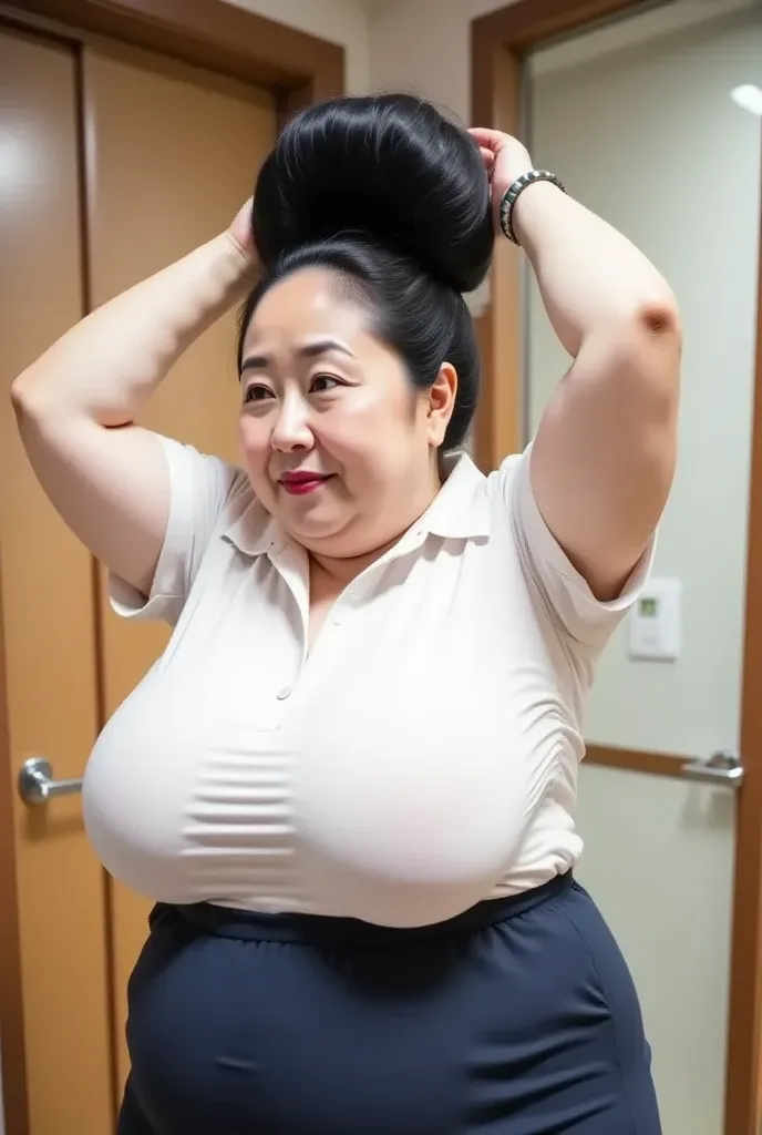 8k,Highest quality, masterpiece,  Ultra High Definition ,(masterpiece:1.6, Highest quality), 複雑な詳細,  female 1 person, Middle-aged woman in her 50s,  Japanese, upper body,  arms raised,  above the head,(( jet black hair)) ,( Huge hair bun  , Big Hair Bun :1...