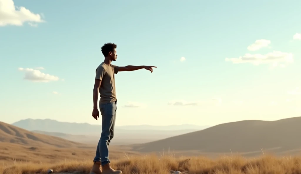 create a high quality 4k image of a skinny young black man looking forward and pointing to the horizon, Which in this case is behind him, He wears casual clothes
