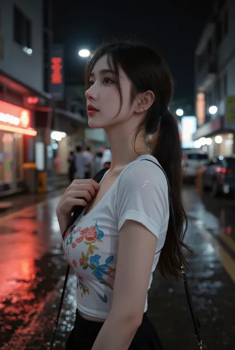 (photorealistic:1.5, 8k, Highest quality, masterpiece,  Ultra High Definition ), perfect dynamic composition:1.2, Night Street Corner,  look up at the sky:1.3, (((Typhoon Heavy Rain))), very detailed skin and face textures:1.2, A slender high school studen...