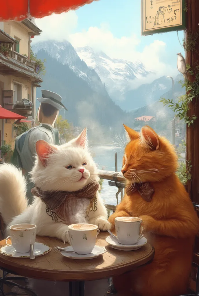 "A fluffy white cat and an orange tabby cat are sitting at a cozy outdoor café in Switzerland, enjoying their coffee. The white cat, wearing a stylish scarf, elegantly sips an espresso, while the orange tabby stirs its cappuccino with a tiny spoon, looking...