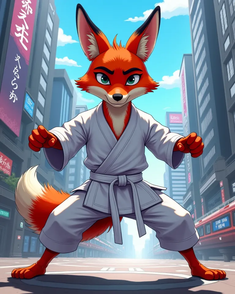 anime art , ,Zootopia white belt male red fox wearing a white jiu jitsu gi ready to fight 