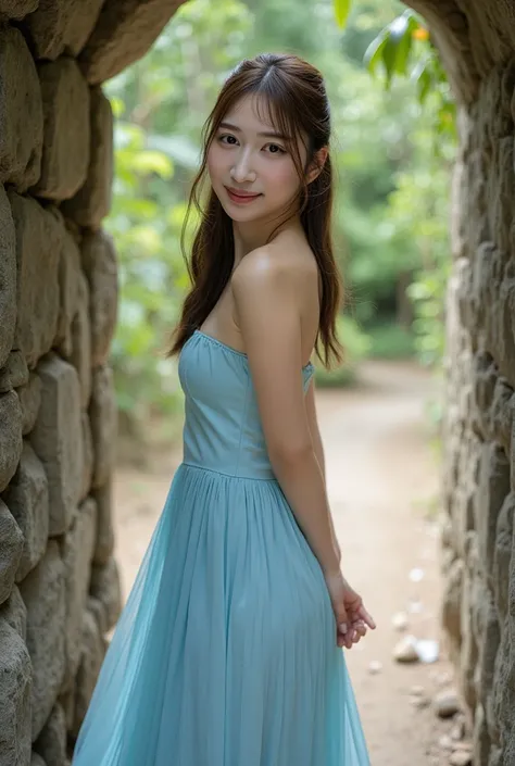 I want to create a wide angle image of a realistic Asian woman., wearing a light blue skirt dress, Smile brightly, Eye contact with camera ,  remote photo, Wall Island