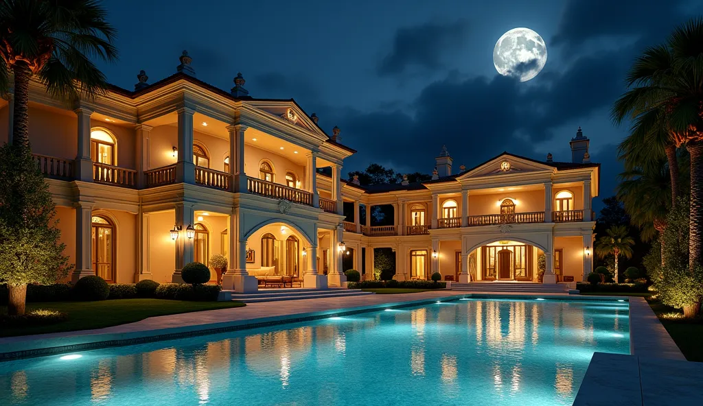 Golden mansions at night with swimming pool