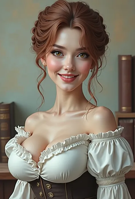 Beautiful Woman, Old West School Teacher, Full Lips, Auburn Hair Intricately But Loosely Braided. Deep_cleavage, Massive Chest. Detailed Beautiful Eyes, Pencil-Thin Waist, Wide Hips. Historically Accurate 1870s Old-West Frontier Dress. With Books. Gorgeous...