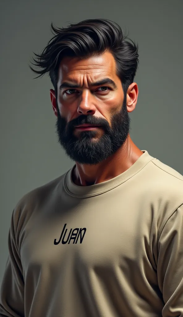 A handsome boy, with marked features,  40 years old dark-haired, Hairy hair. He's wearing a sweatshirt with the name written on it "Juan" 
  .high resolution , 