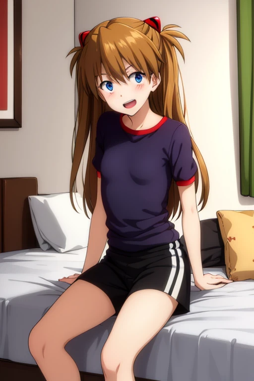 ((Top Quality)), ((Excellent)), (Detailed), Perfect Face, Indoors, Bedroom, Looking at the Viewer,
One woman, Soryu Asuka Langley,
Open mouth, ecstatic expression, blushing, smiling,
small breasts, flat chested, young girl, loli, , girl,
Long hair, Two sid...