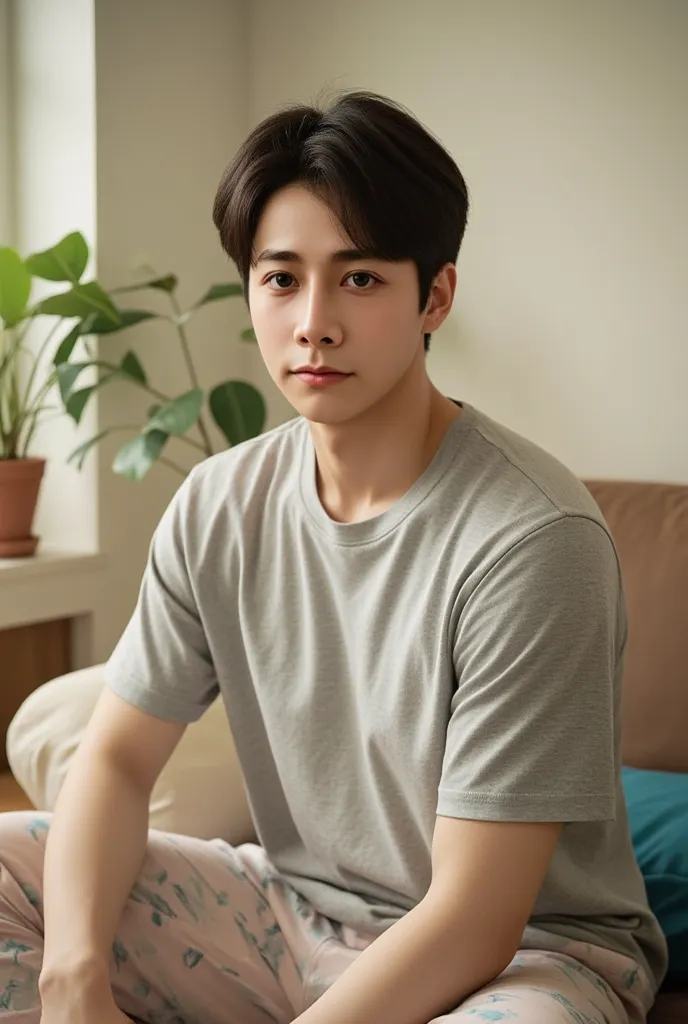 (photorealism:1.2), Full body a korean man that looks like BTS jungkook, sitting on room, gray light t-shirt, pajama pants, short dark hair, indoors, soft lighting, plants in background, window with sunlight, cozy room, relaxed pose, realistic, intricate d...