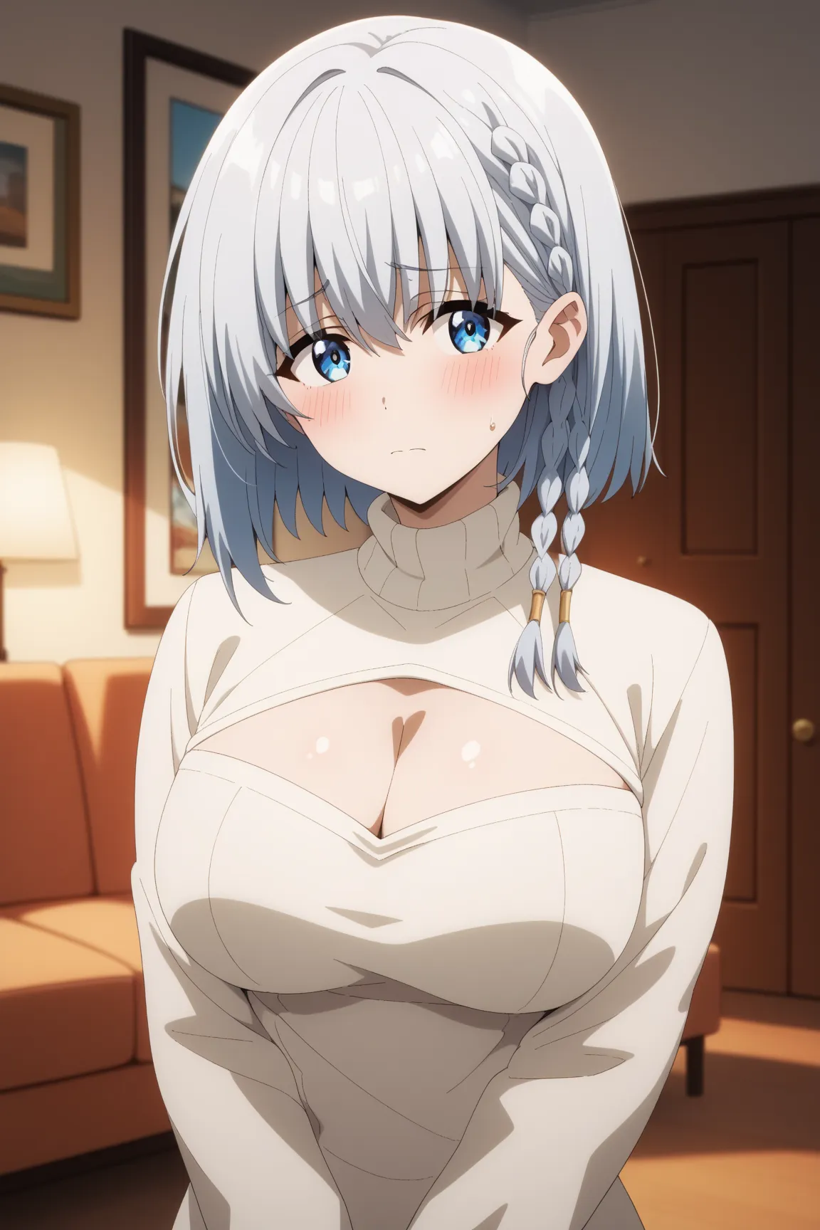 masterpiece,best quality,{{detailed beautiful face and eyes}}, very detailed background,
Beta,{{{megami magazine}}},short hair,grey hair,braid,hair between eyes,blue eyes,large breasts,
white sweater,cleavage cutout,
1woman,(is embarrassing,big blush,close...