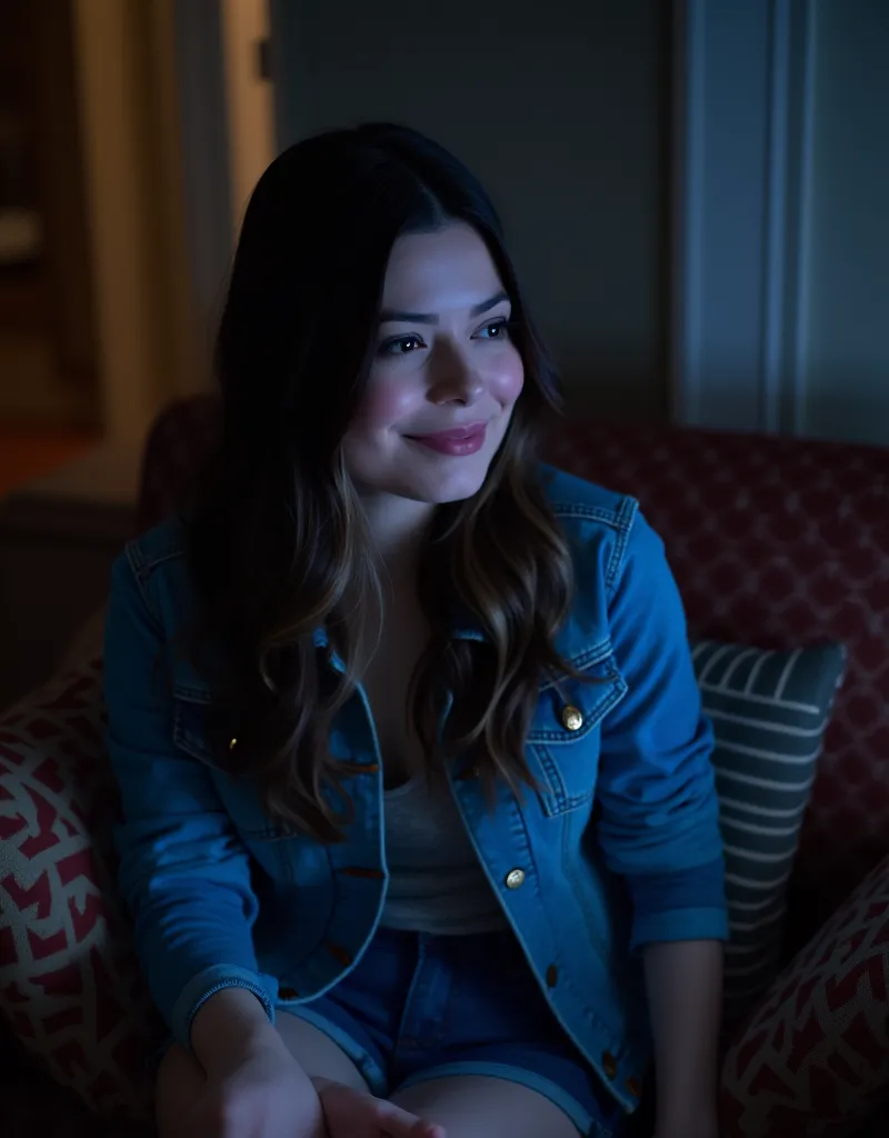 1girl, alone, alta resolução, melhor qualidade, HDR, 120 mil pixels, fotografia profissional, hiperrealista, Instagram photoshoot, Miranda Cosgrove, thin body, pale skin, brunette, in the couch, watch movies in a dark living room, blue light of tv, smiling...