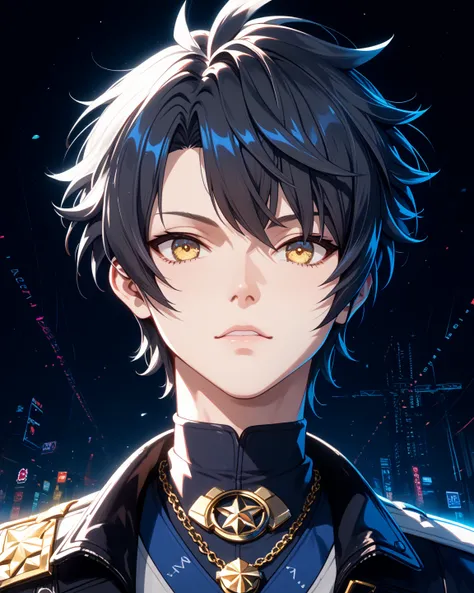 1 boy, Asaba Harumasa, Zenless Zone Zero,  black hair, split bangs, deco bangs, with golden eyes, 