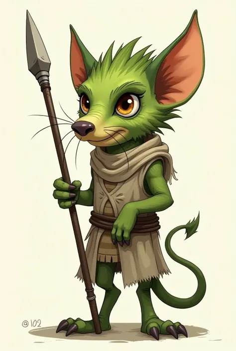 draw, in a cartoon style, a hairy, green creature with big pointed ears, add a rat's tail, a big jaw and hand feet, it stands on two feet with a spear in its hands, it is dressed in light fabrics and bones