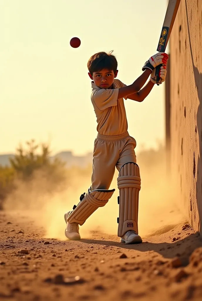 A determined young boy practicing cricket alone in a dusty open field, hitting a ball against a wall with focus