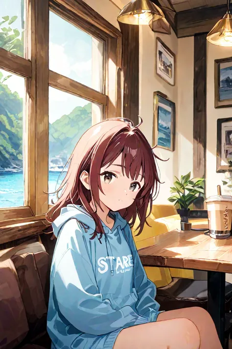 an anime  sitting in a cafe looking at the ocean view (wearing a baby blue hoodie, messy hair, hoodie that says "stareight")