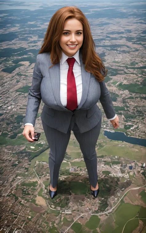 100 km tall giga giantic, 2 women, curvy young ladies with a beautiful smile, bigger than a giant city, curvaceous figure, massive beast, and very very long ginger hair, with a curvaceous figure and massive natural breasts. wearing a tailored italian light...