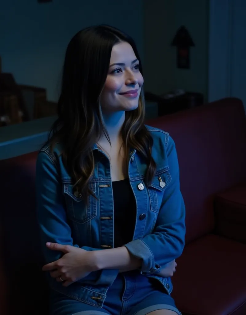 1girl, alone, alta resolução, melhor qualidade, HDR, 120 mil pixels, fotografia profissional, hiperrealista, Instagram photoshoot, Miranda Cosgrove, thin body, pale skin, brunette, in the couch, watch movies in a dark living room, blue light of tv, smiling...