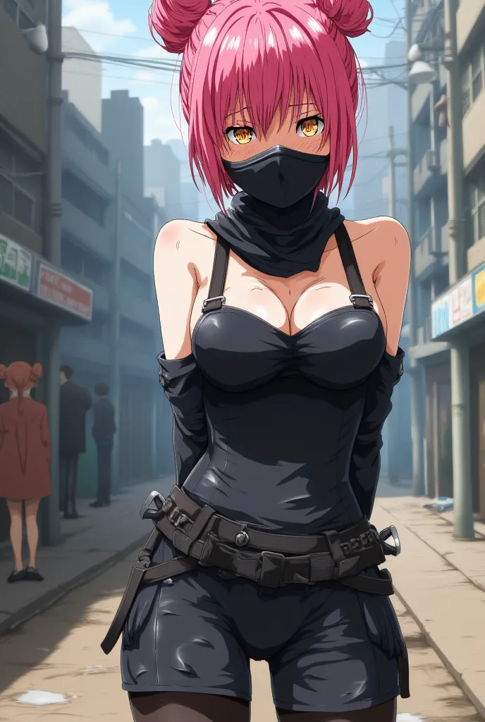 girl,19 years old, Criminal,badass and cool look,she has bun pink hair and orange eyes,her face Is covered by a black bandana mask,  Anime style