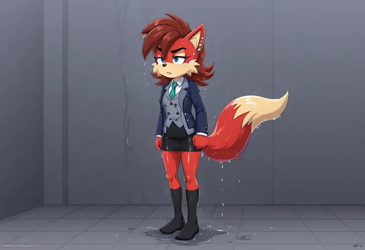 Fiona the Fox,  soaked,  smelly, hot black eyebrows, silver eyebrow piercings,  fox tail , (((pencil skirt))), ((( dress-shirt ))), (((tie))), (((blazer))), (((blazer))), ((vest)), double-breasted vest, ((( tight mini skirt ))), socks 