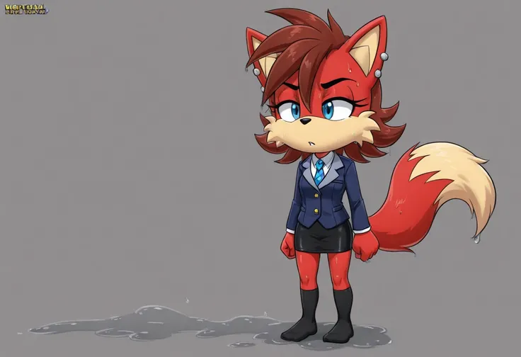 Fiona the Fox,  soaked,  smelly, hot black eyebrows, silver eyebrow piercings,  fox tail , (((pencil skirt))), ((( dress-shirt ))), (((tie))), (((blazer))), (((blazer))), ((vest)), double-breasted vest, ((( tight mini skirt ))), socks 