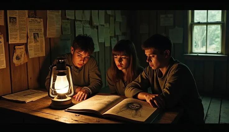 A hauntingly realistic cinematic photograph of three exhausted survivors huddled inside a decaying wooden cabin, illuminated only by the weak glow of an oil lantern. The walls are covered in old, tattered newspaper clippings and handwritten notes detailing...