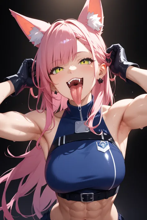 (Three Women:1.3)、 gloves、uniform、 I'm sweating。are drooling。excited。long tongue。 sharp fangs。Animal Ears。muscular body。