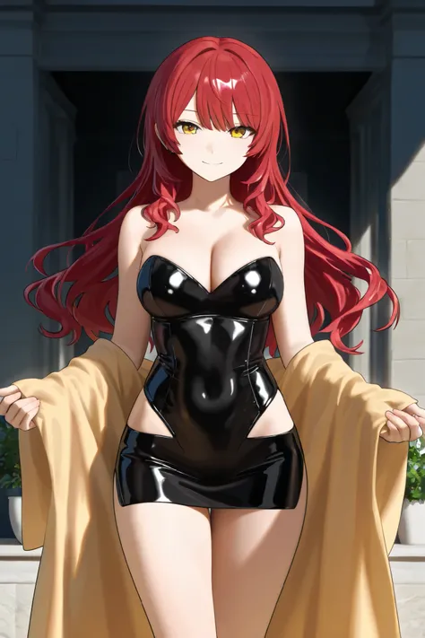 NSFW,masterpiece,Highest quality,High Resolution,very detailed, boyish girl,high school girl, red hair ,medium hair,wolf cut,clavicle,with golden eyes,choker, leotard, high leg,micro mini skirt,Cape