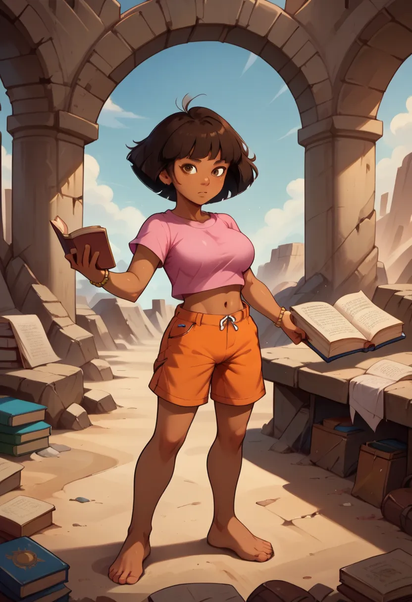 ((masterpiece, best quality)), full body, (solo 0.6), Dora, bracelet, (dark skin 0.6), dark brown hair, short hair, brown eyes, daytime, desert ruins, pink top, orange shorts, holding a book, young, large breasts, cameltoe