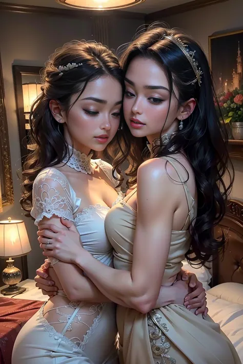 Photo of two sexy women, passionately smooching around on the bed,  eyes closed,  lips touch , strong blushing,  firmly hugs ,  provocative clothing, absolut sexy