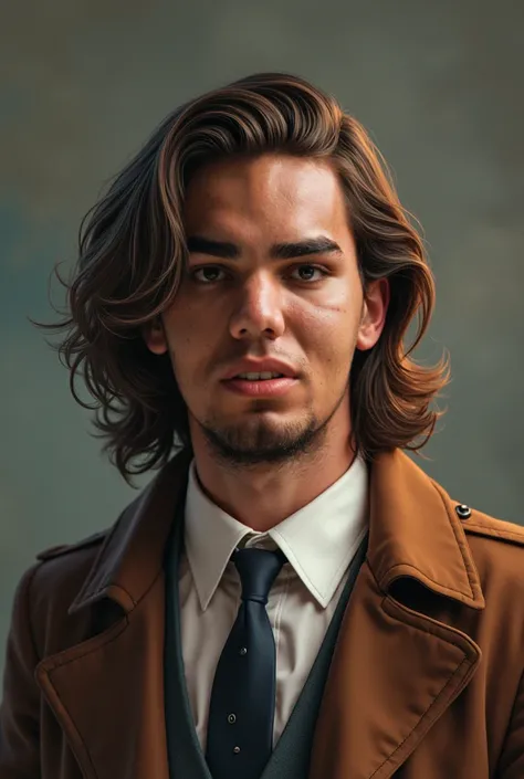 Realistic portrait of a young man about 19 years old, athletic physique and weight around 73 kg. he has long hair/medium wavy (type 2b ) To shave the beard. His style mixes sophistication and attitude: On formal occasions, wears tight and elegant clothes i...