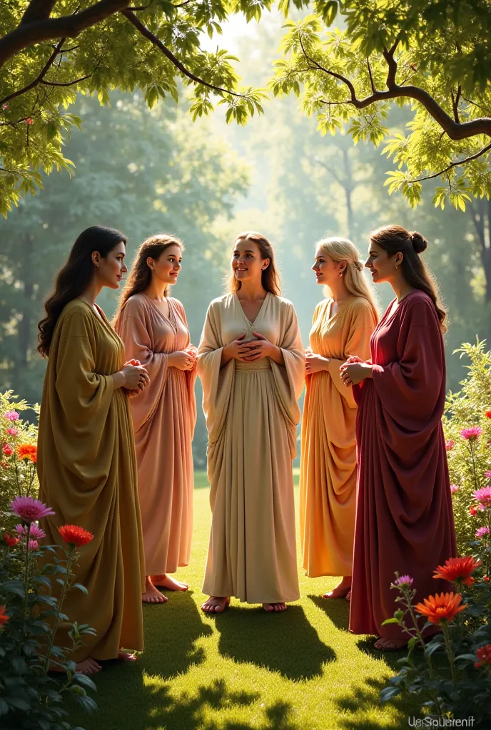 Women from the Bible meeting in a garden. Some may look older 