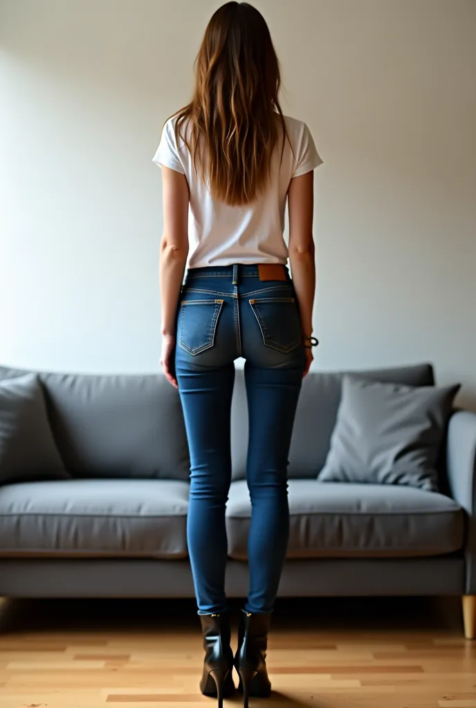 araffed woman in jeans and heels standing on a couch, a picture by Ella Guru, reddit, tachisme, jeans, blue jeans, tight denim jeans, wearing jeans, black extremely tight jeans, jeans and t shirt, jeans and boots, denim jeans, view from the back, picture f...