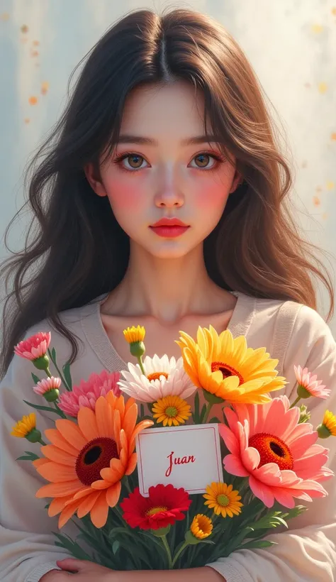 A very pretty girl with long wavy hair and big eyes carries a bouquet of flowers in which a card with the name was seen "Juan".
  .high resolution , 