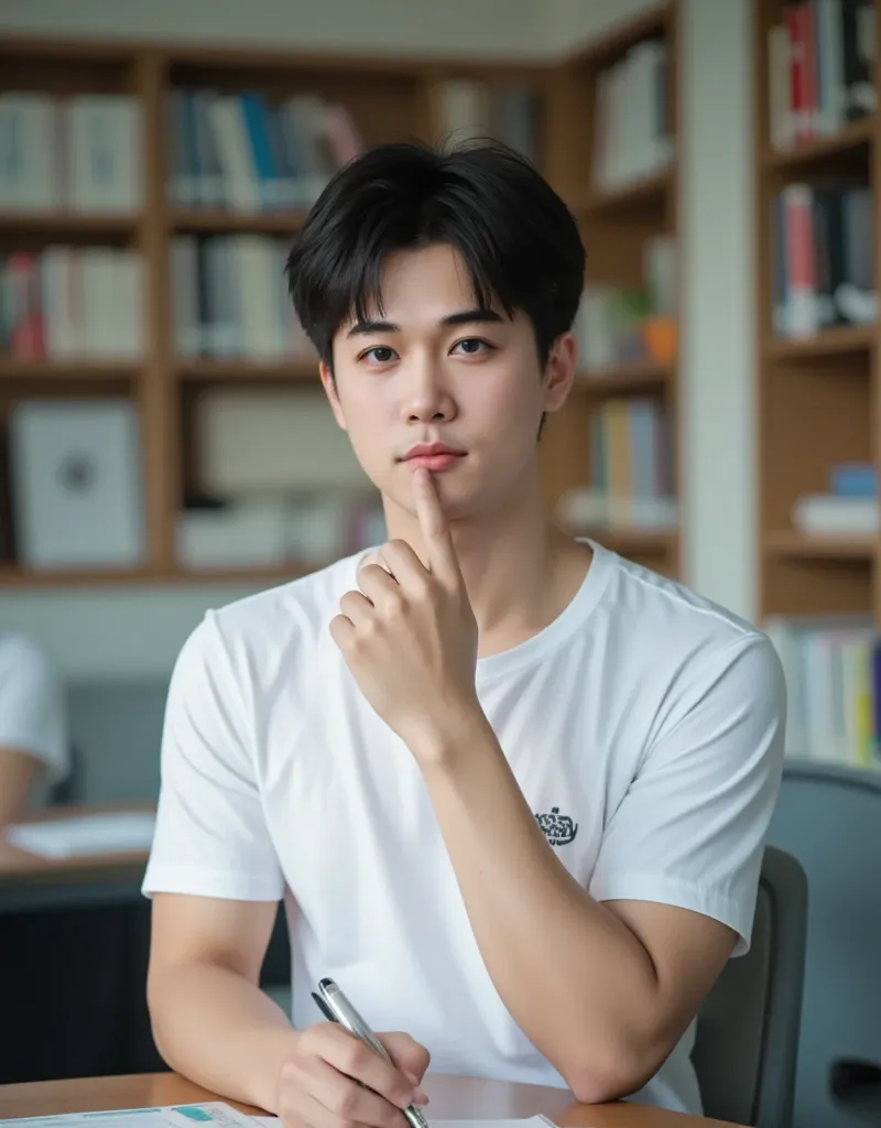 A man sits in the classroom , [handsome guy, male student , in the classroom on campus , this male student is wearing a white T-shirt, short black hair, Holding a pen in his hand, has an essay , There are books, The lens is mainly focused on the upper half...