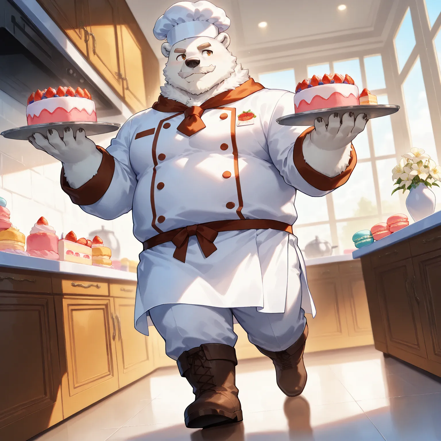 character focus, full body, looking away, dynamic angle, pastry chef, a musclegut middle-aged polar bear man, happy, little smile, chef's hat, pastry chef costume clothes, slacks, boots, cook a cake, a beautiful pastel-colored patisserie, intricate and del...