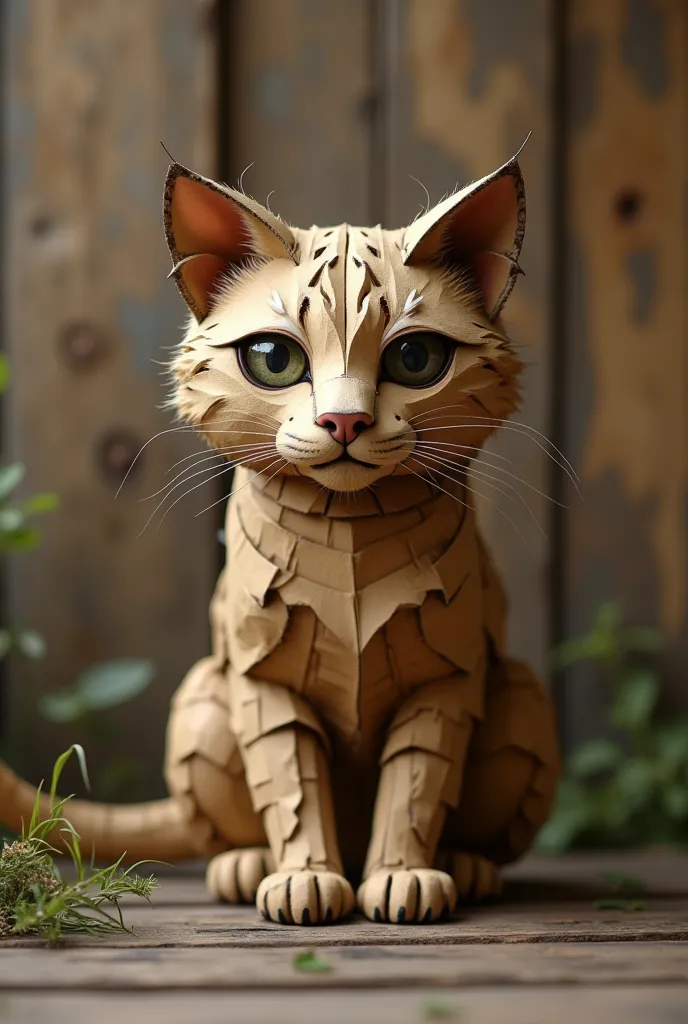 Create a cardboard cat in front of a wooden background looking at the realistic camera, act as if it were a brand 