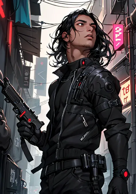 Super Detail, High Resolution, Super Detailed, Highest quality, amazing, top quality, Highly Detailed CG Unity 8K Wallpaper, Cinematic Lighting, (A boy with long black hair is looking up:1.2), cyberpunk, (holding a black shiny gun:1.2)