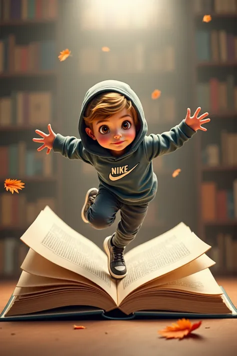  Young  boy , Very cute smiling, doing a pirouettes head down, on a giant open book on the ground , thick blond hair,  brown eyes, air malicieux, pull à capuche sport et baskets Nike ,  Pixar style , high resolution blurred background,
