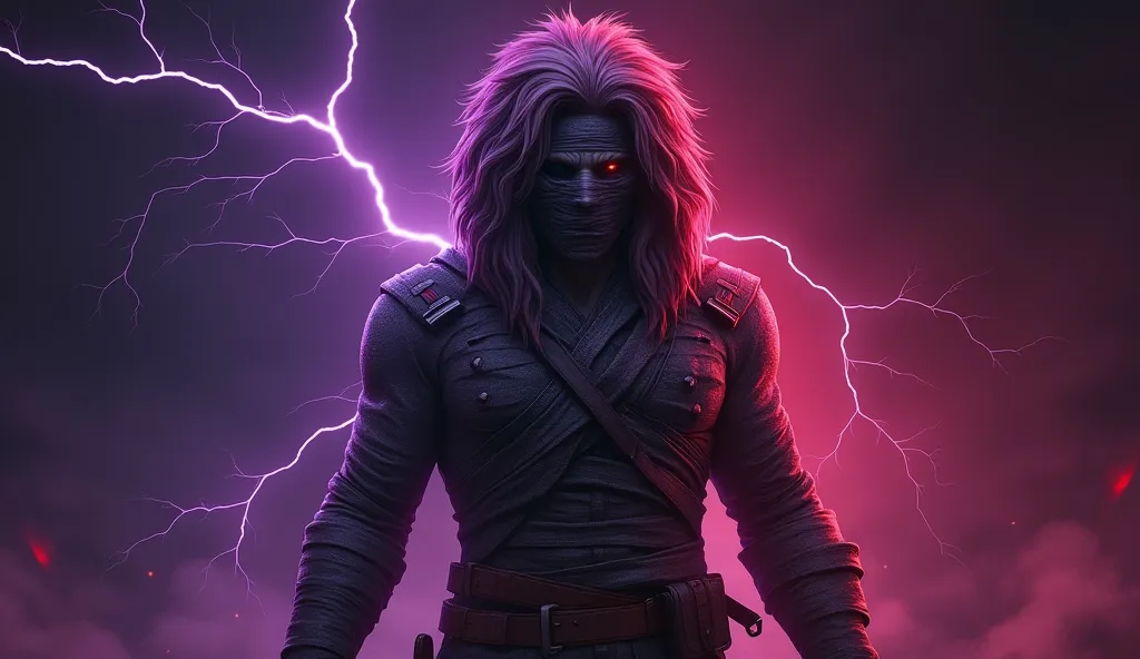 "Create a PUBG Mobile character featuring a mummy with a lion’s mane, blending seamlessly with shades of purple, red, and black. The background showcases intense lightning, enhancing the dark and mystical atmosphere."