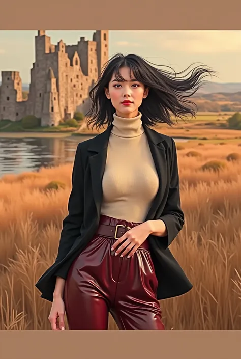 Foreground: a gorgeous woman (Cristy Ren), wet wavy hair in the wind. she's a men magazine model, She has a subtle smile and flirts with the camera, (she wears casual shirt with a knitted sweater and latex pants with big belt:1.2), background landscape of ...