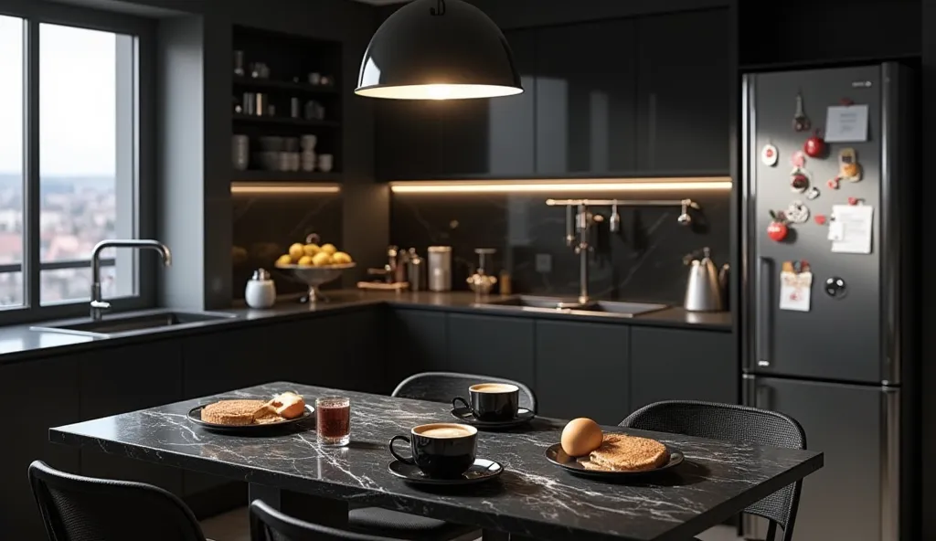 A sleek modern kitchen with dark cabinetry, and black marble countertops, and stainless steel appliances, meticulously clean and organized. The space is illuminated by soft warm pendant lighting above a black granite kitchen island, a steaming cup of black...