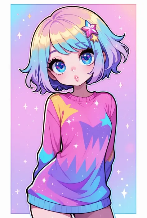 woman on her knees looking up, wearing a sweater . With space details, small breasts,  Thin Lips, cups,  blue eyes, looking up, ,  short purple anime style hair 