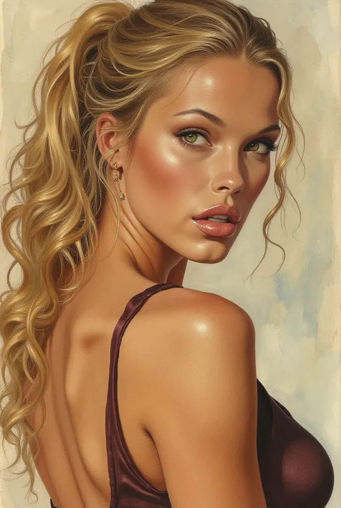 A portrait of a beautiful woman in her 40's, blonde ponytail, green eyes, thriving sexy body.